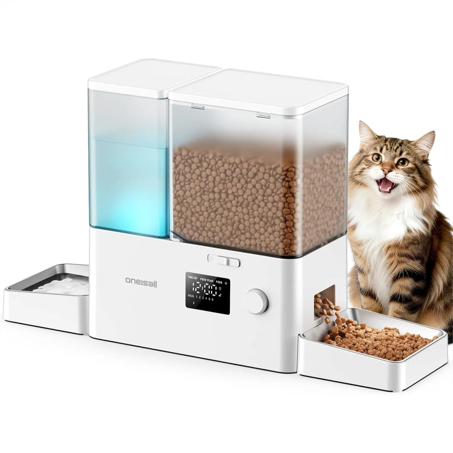 

Automatic Cat Feeder and Water Dispenser, 2-in-1 5L Food & 3.5L Water, Timed Feeder for Dry Food, Gravity Water Bowl, Dual Power