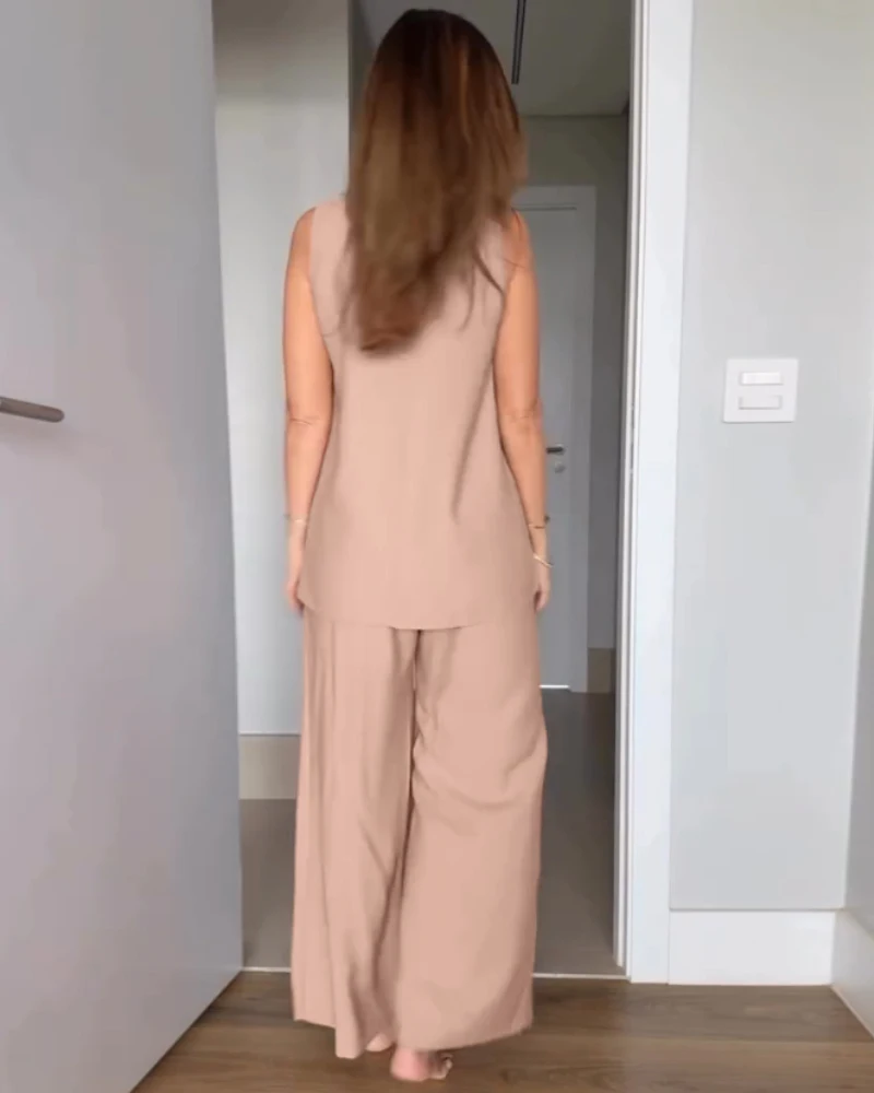 

Two Piece Women's Fashion 2025 Summer Latest Relaxed Yet Polished Round Neck Sleeveless Top Elastic Wide Leg Pants Two-Piece