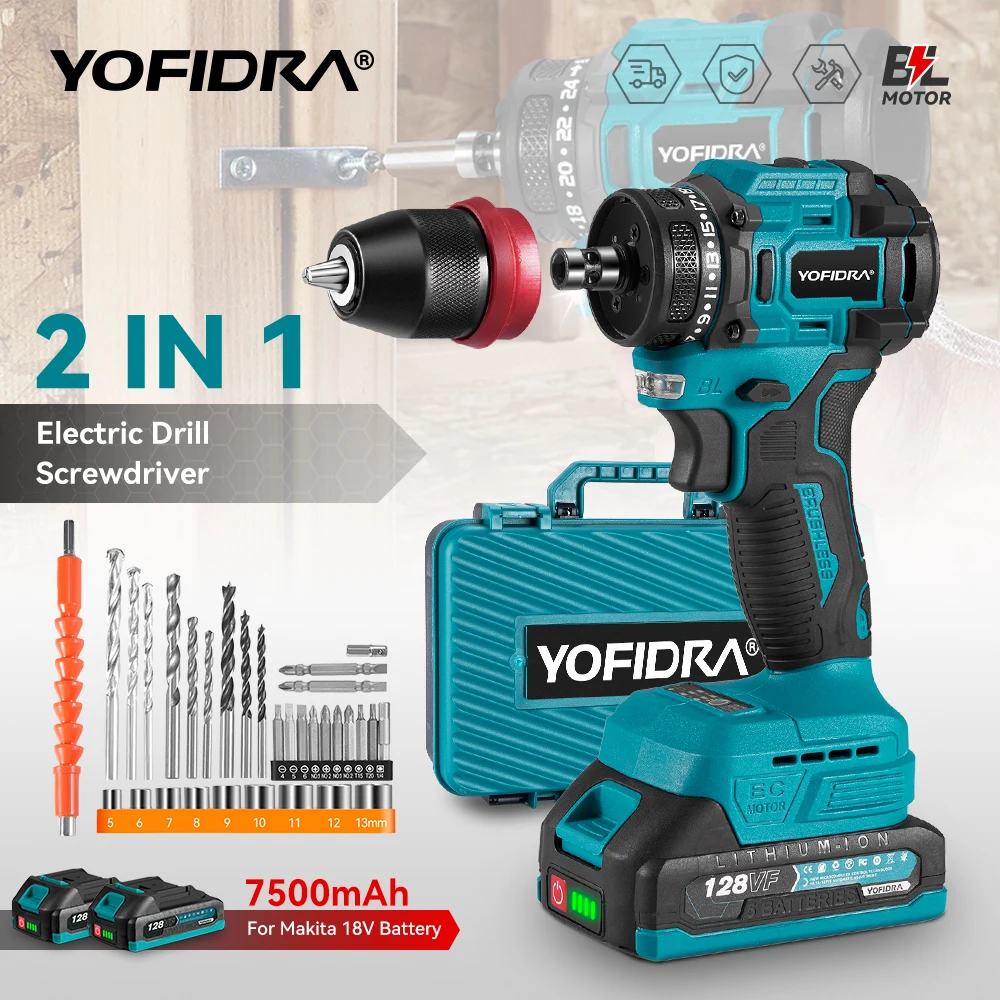 YOFIDRA 2 In 1 Brushless Electric Screwdriver Handheld Hexagonal Drill Hammer Screw Driver Power Tool Set For Makita 18V Battery