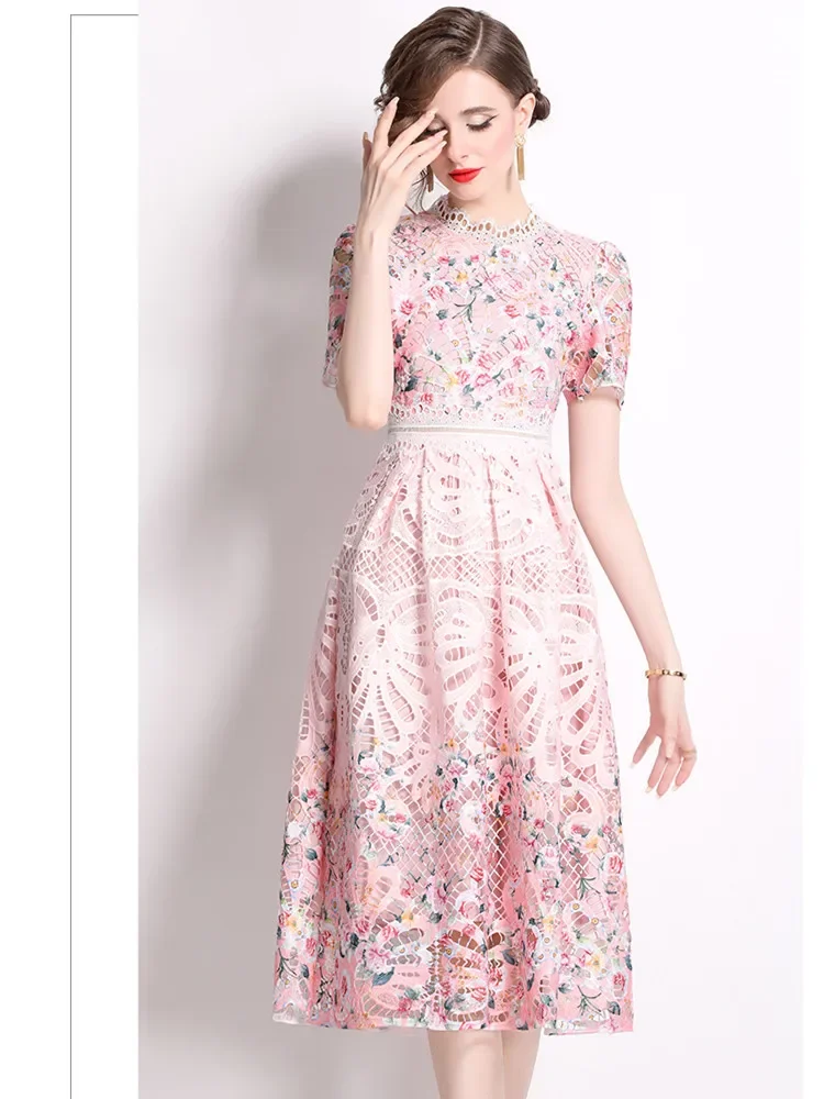 Pink Lace Hollow Out Dress For Women Stand Collar Short Sleeve High Waist Print Long Dresses Female Summer Clothes 2024 New