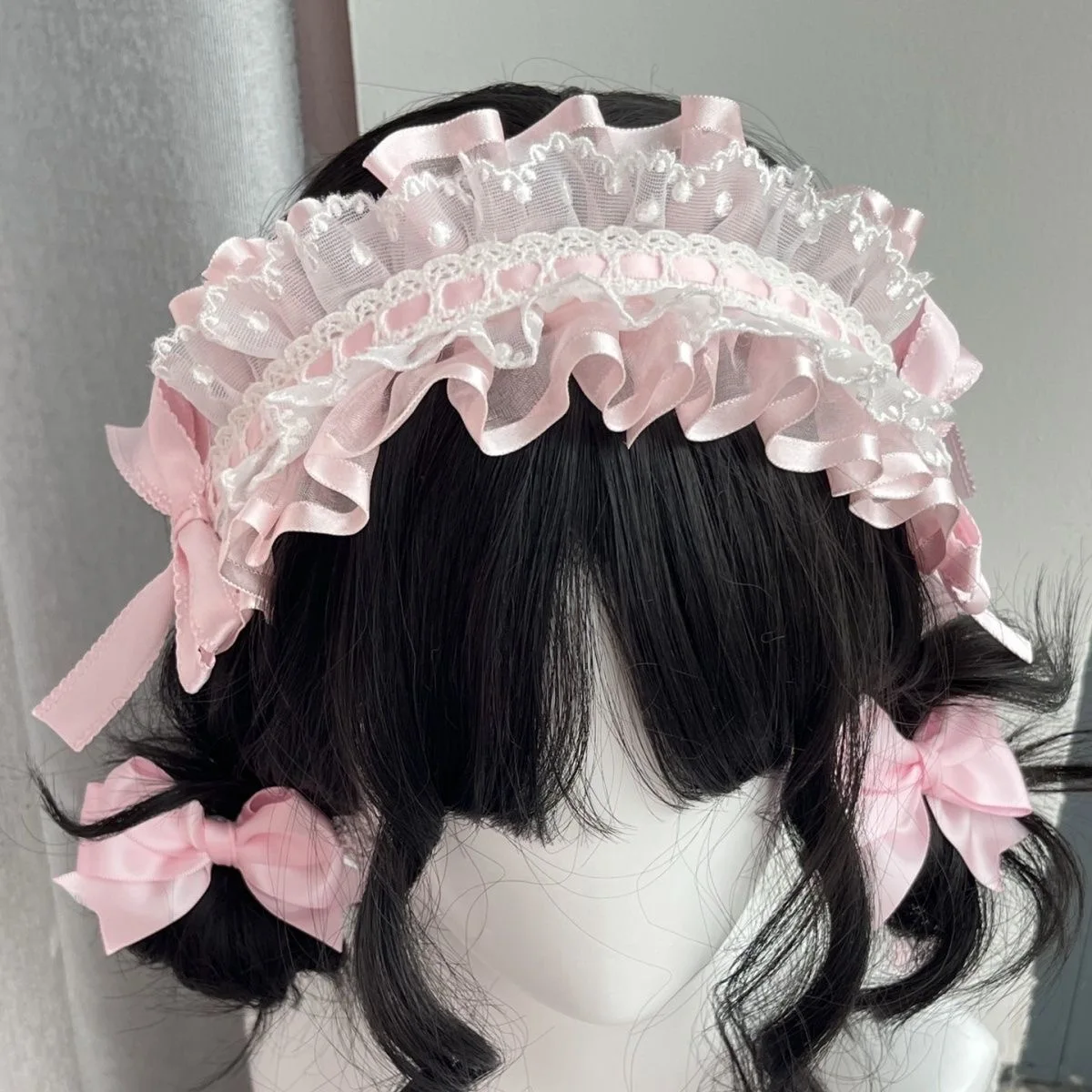 스위트 핑크 화이트 레이스 Bowknot 머리 장식 애니메이션 메이드 코스프레 카와이 머리띠 로리타 손으로 만든 헤어 클립 여성용 헤어 액세서리