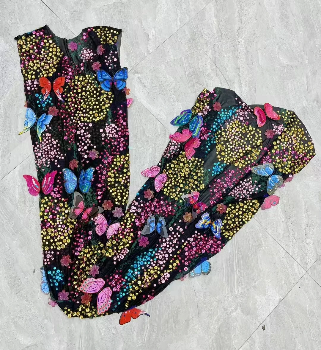 

Luxury Colorful Rhinestones Butterfly Mesh Long Dress Halloween Costume Women Prom Evening Celebrate Birthday Photo Shoots Gowns