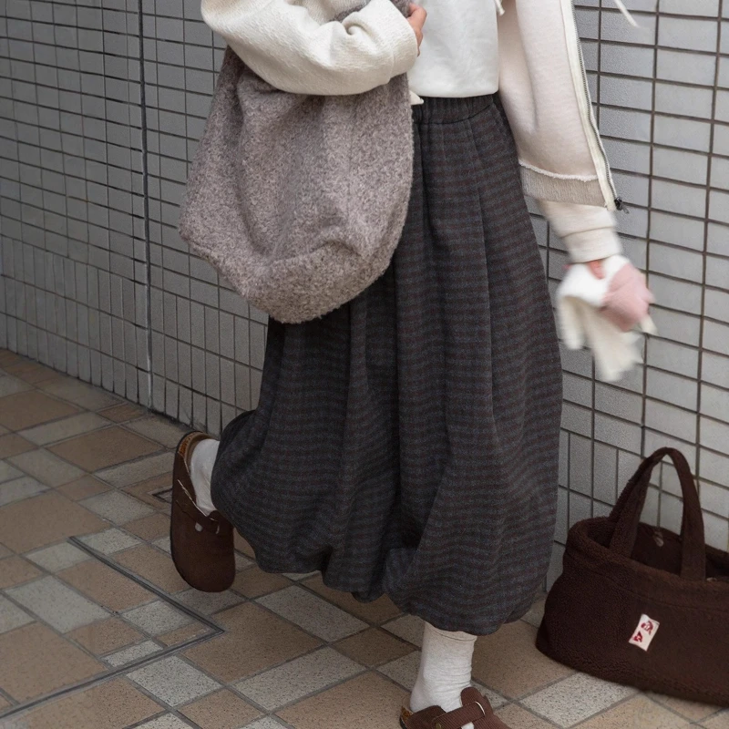 Korean Fashion Vintage Kawaii Plaid Tweed Bubble Hem A-Line Maxi Skirt Elastic Waist Autumn Winter Cute Long Skirts for Women