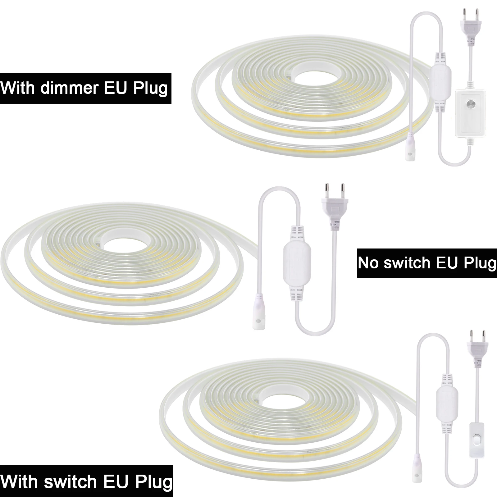 220V Dimmable COB LED Strip Light Dimmer Switch Bright EU Power Kit Waterproof Flex Lamp 288LEDs/M Warm White Natural Home Decor