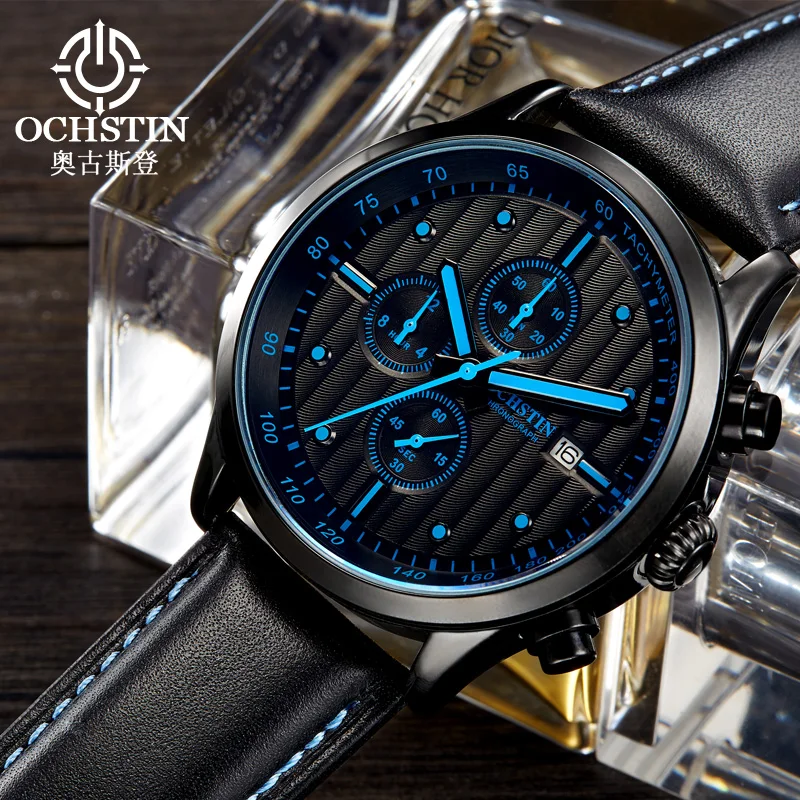 OCHSTIN Quartz Men Watch Date Chronograph Stopwatch Leather Strap Business Male Clock Sports Military Wristwatch Reloj Hombre