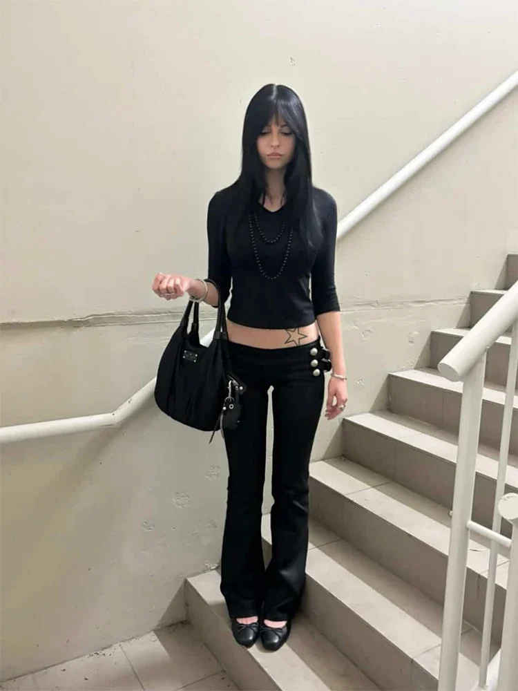 American Retro Fashionable Aesthetics Women Y2K Millennium Functional Style Trousers Sexy Slim Fit Chic Trendy Gyaru Black Pants
