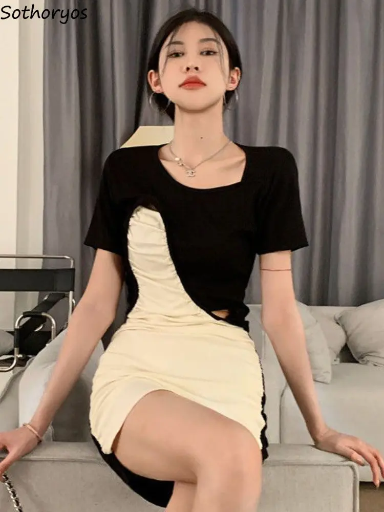 

Dresses Women Slim Patchwork Fashion Sexy Daily Students Summer Korean Style Asymmetrical All-match Simple Elegant O-neck Retro