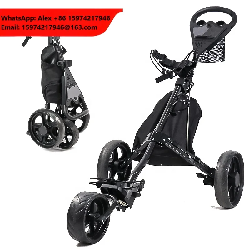 HOW TRUE Wholesale Portable Aluminum Folding 3-Wheel Golf Hand Pull Trolley Foldable Golf Push Cart With Foot Brake