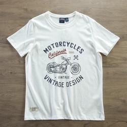 2024 Summer New American Retro Short Sleeve O-neck Letter Motorcyce Printed T-shirt Men's Simple 100% Cotton Washed Casual Tops