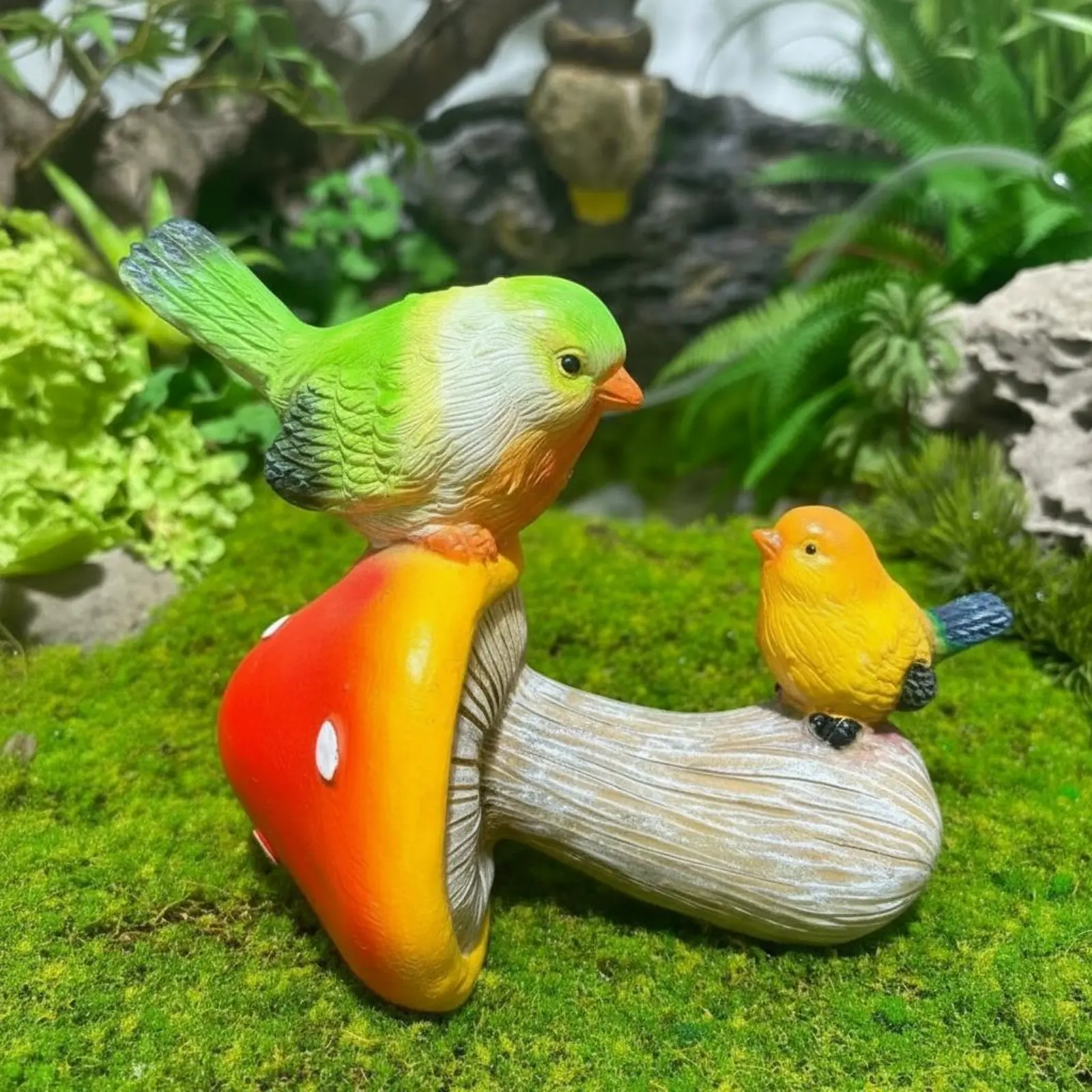 Estatua de Aves en Forma de Hongo, Figura de Aves Realista, Escultura de Aves de Resina, Resistente a la Intemperie, Decoración para Jardín