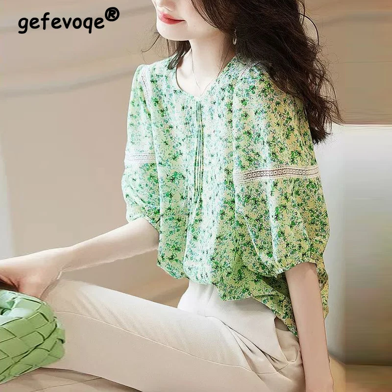 Women Lace Patchwork Chic Sweet Blouses Summer Trendy O Neck Half Sleeve Loose Shirts Korean Elegant Tops Blusa Mujer Moda 2023