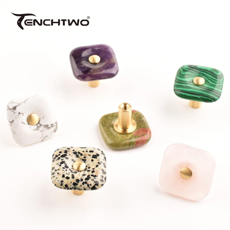 TENCHTWO Agate Stone Crystal Furniture Handle Square Single Hole Brass Drawer Door Knobs Kitchen Cupboard Cabinet Pulls Wardrobe