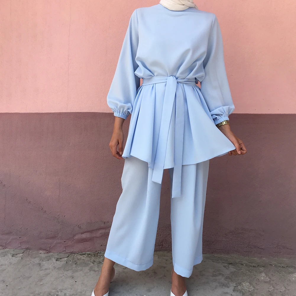 Muslim Fashion For Work Muslim Women Abaya Set Women Office Outfit Spring Waist Solid Color Female Muslim Sets