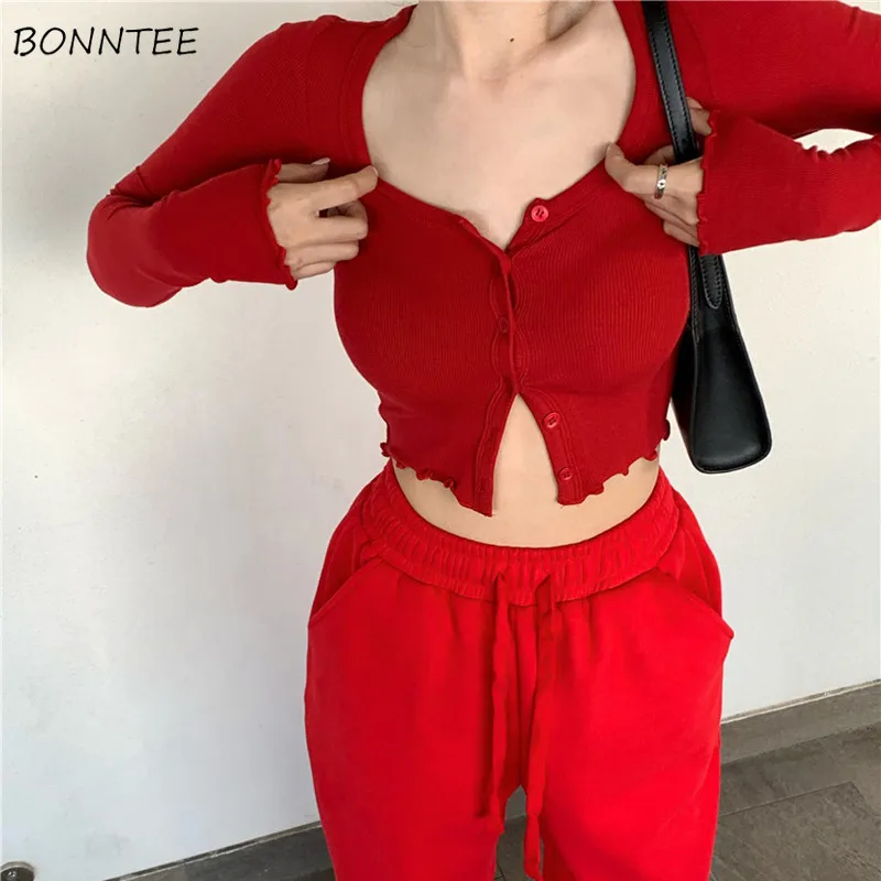 Red T-shirts Women Long Sleeve Folds Hem Crop Tops Button Sexy European Style Hot Girls Solid Slim Street Wear Fashion Chic