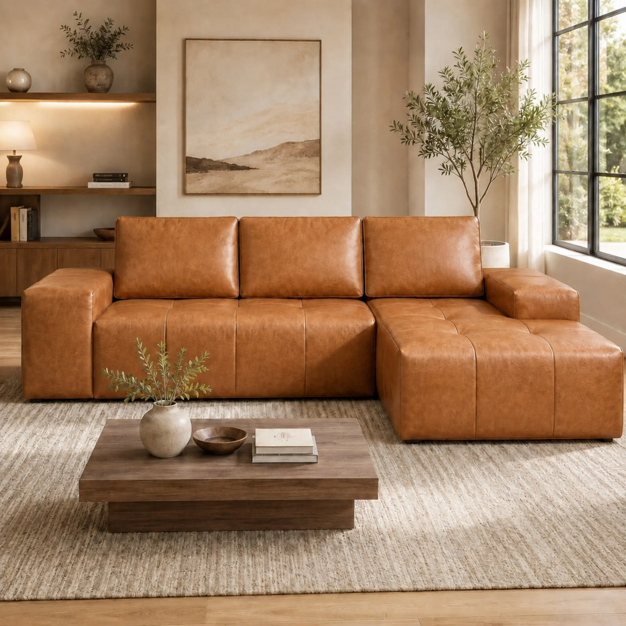 114" Cloud Sectional Sofa with Chaise, L-Shaped Modular Faux Leather Couch, Boneless Deep Seat Sofa No Assembly Needed for Living Room Apartment Bedroom, Brown