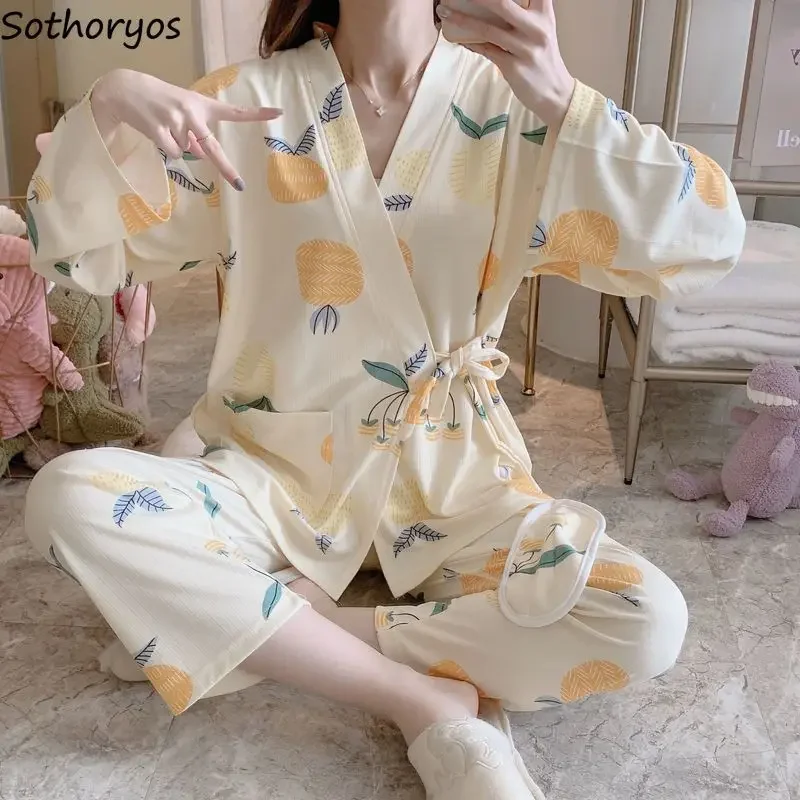 

Пижамные комплекты женские свободные с принтом эстетический домашний Kawaii темперамент японский стиль осенняя одежда для сна повседневная нежная одежда для отдыха с v-образным вырезом