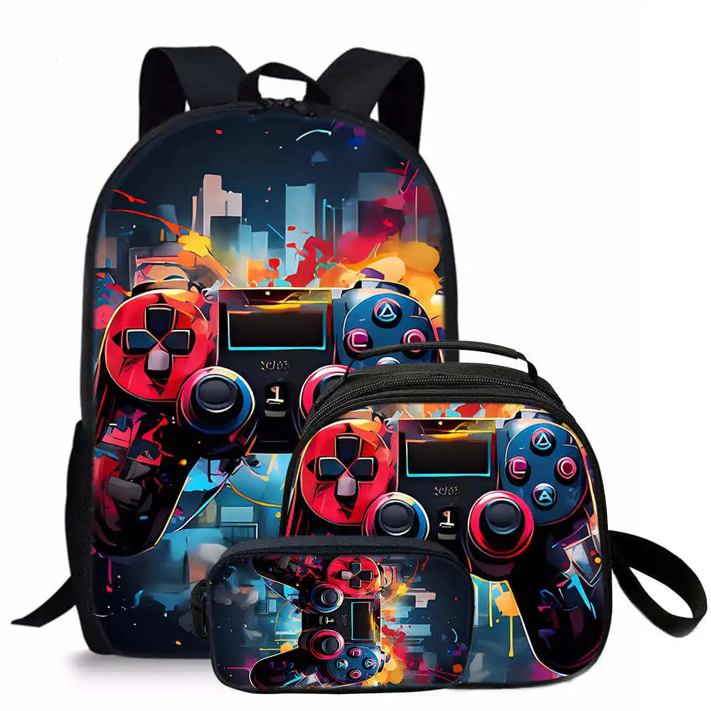 Trendy Popolare Novità game pad 3D Stampato 3 pezzi / set Borse da scuola per studenti Zaino per notebook da viaggio Borsa da pranzo a tracolla Astuccio