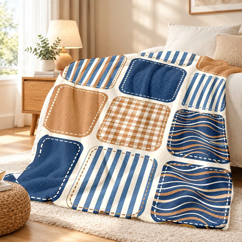Patchwork Throw Blanket Plaid Stripe Wave Geometric Patch Print Soft Flannel for Bedroom Sofa Reading Nook Home Decor Gift