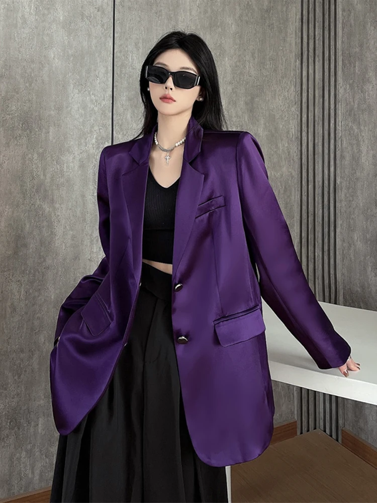 Fashion Acetate Satin Blazer Women's 2025 Summer Loose Casual Single breasted jacket Purple Spring Outerwear INKEO 5O044