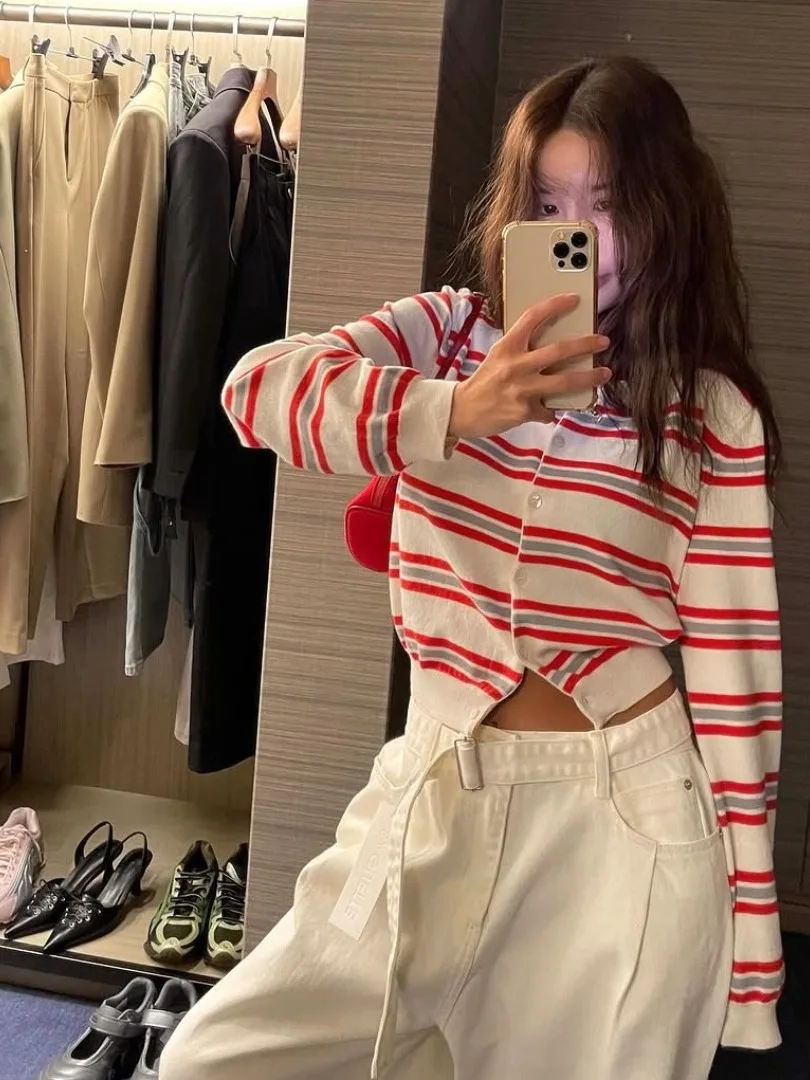 Korean Sle Unique Super Beautiful Striped Open Cardigan Sweater Women's Early Autumn Chic High-End ort Knitted Top