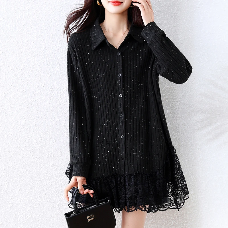 

plus Size Lace Knitted Shirt Women's Spring Autumn Big Code Design Sense Hemline Slimming Versatile Long Sleeve Collar Top