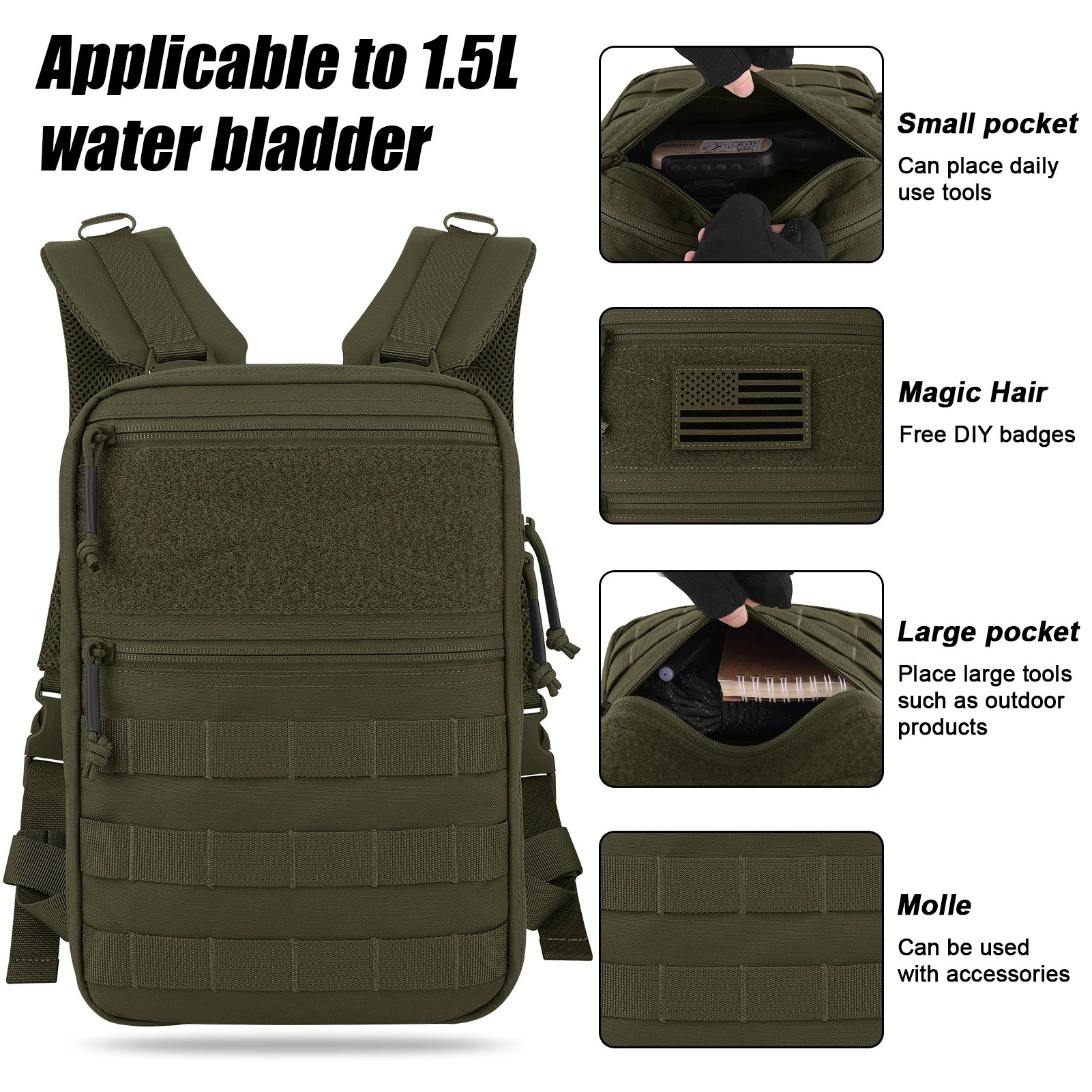 KRYDEX Tactical Hydration Pack 1.5L 50oz Water Bladder Carrier MOLLE for Vest Hydro Backpack Outdoor Travel Camping Accessories