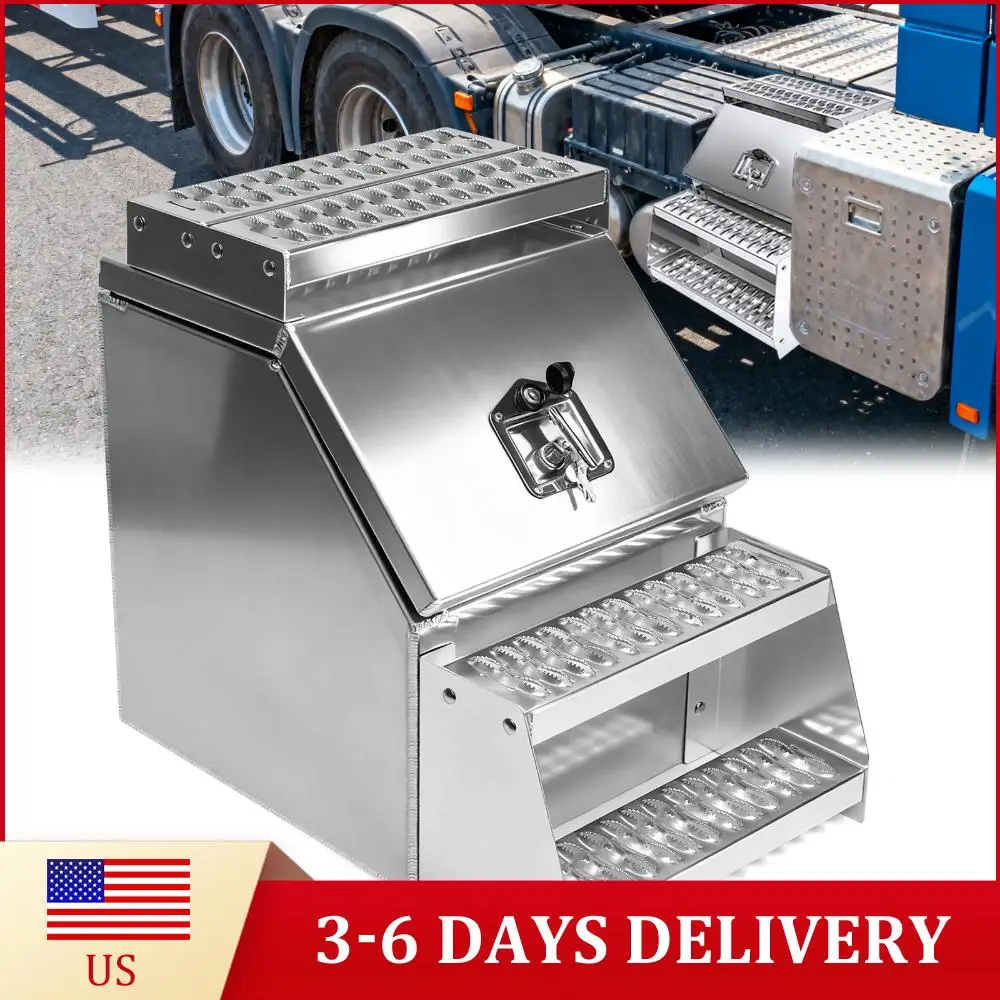 

18in Aluminum Semi Truck Saddle Step Box 17.99x27.99x25inch Heavy Duty Weather Tight Step Tool Box with T-Handle Latch Lock