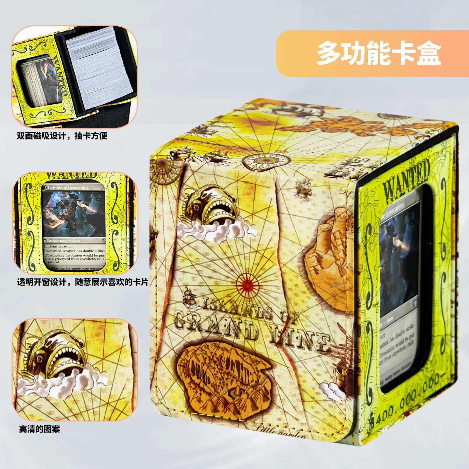 For One Piece Grand Line Window Card Box WANTED Leather Magnetic Flip Large Capacity Game Collectible Card Storage Box Toy Gift