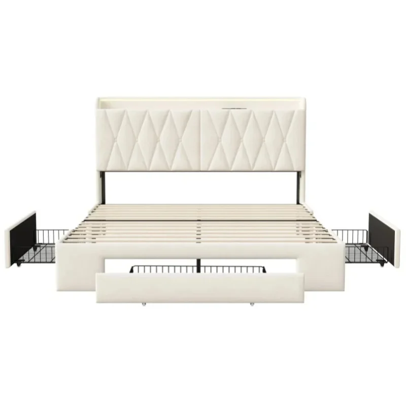 Gepolstertes Doppelbett mit 3 Schubladen, 140x200 cm, Bett mit Stauraum und USB-Anschluss im Kopfteil, funktionales Bettgestell mit Lattenrost (Samt, Beige, ohne Matratze).