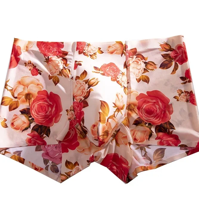 Man's Red Floral Pants Briefs Live Show Dance Costumes DJ Club