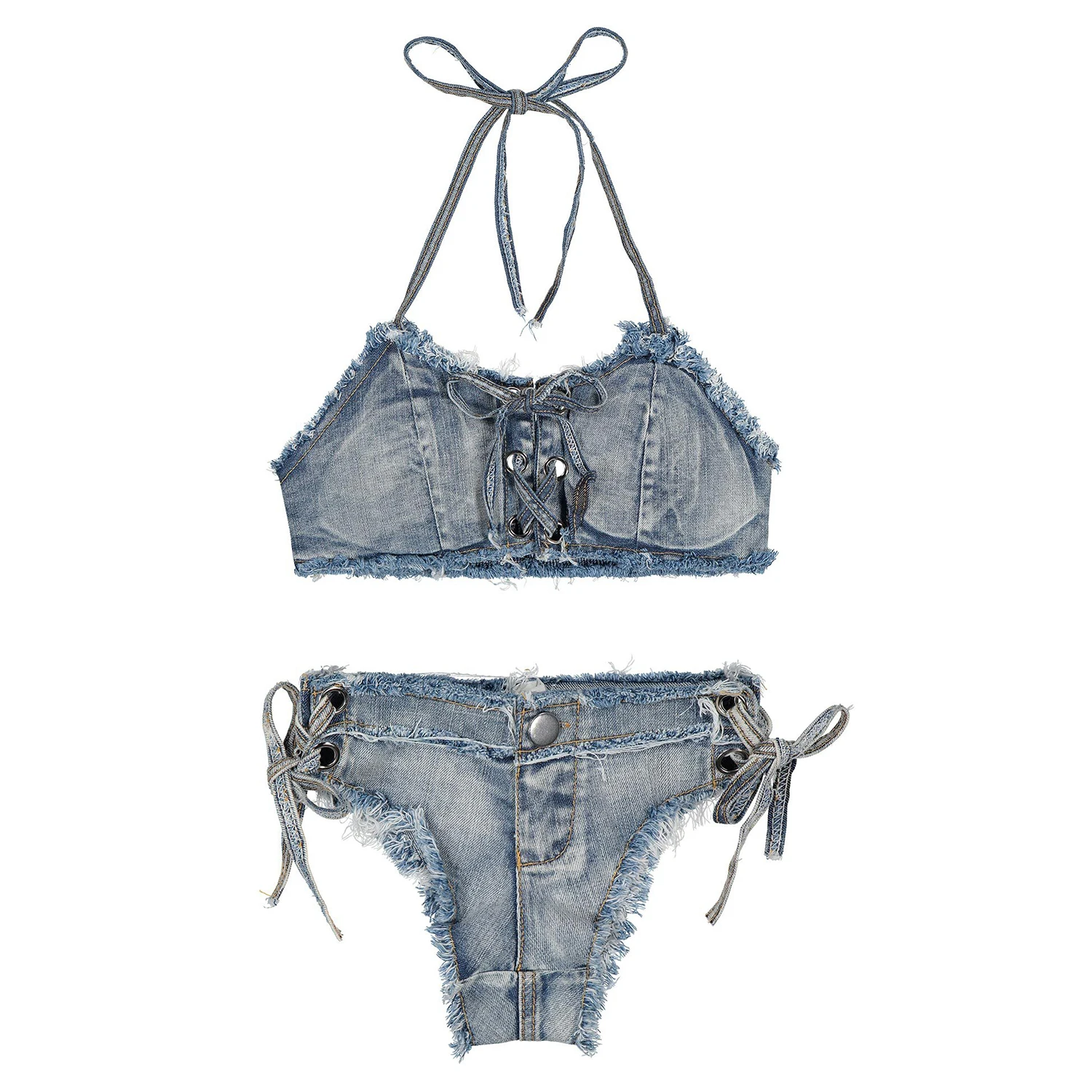 650 # New Summer Fashion Sexy Strap Split Swimwear Denim Bikini Set