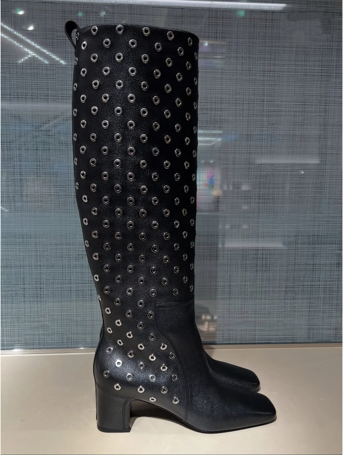 New Fall/Winter Women's Black Leather Sliver Circle Pattern Knee High Boots Square Toe Block Heel Fashion All Match Long Boots