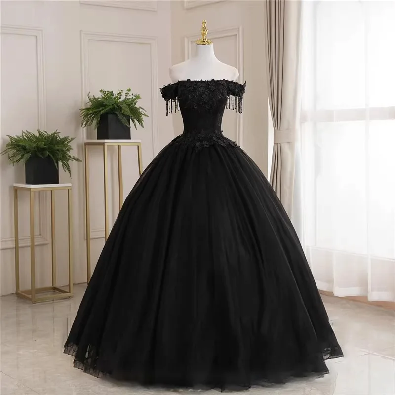 

Elegant Strapless Black Off the Shoulder Beading Evening Dress for Women Flowers vestidos de noche mujer corset 2024 Party Gown