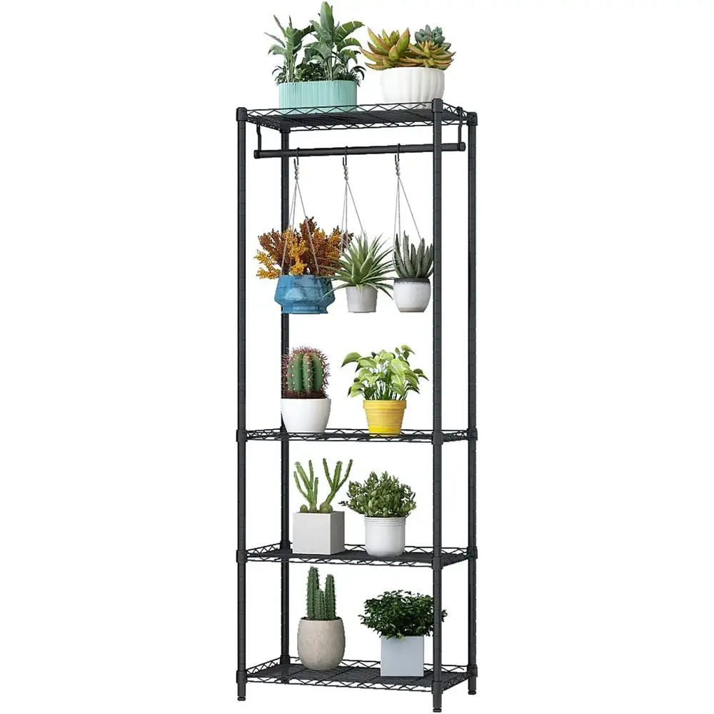 

4-Tier Plant Stand with 6 Hooks, Adjustable for Indoor or Outdoor Use, Ideal for Home and Garden, Black
