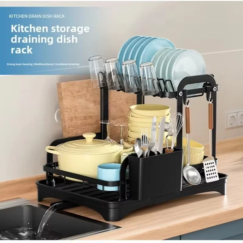 New storage rack kitchen dish drying rack with drainer countertop tableware storage rack drainer double layer dish draining rack