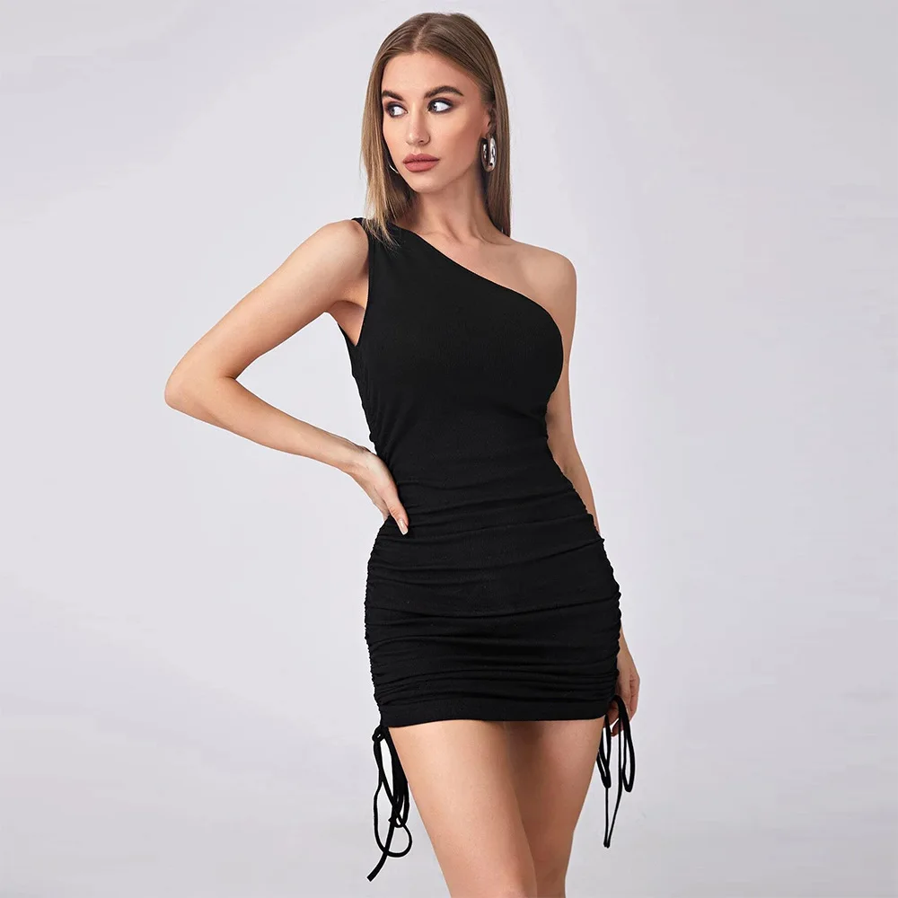 

2024 New Women Sexy Sleeveless Tank Wrapped Hip Dress Ladies One Shoulder Oblique Shoulder Pleated Tie Knitted Dress