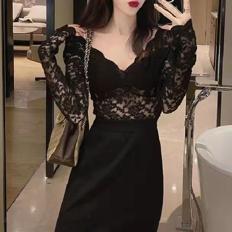 2023 New Spring and Autumn Fashion Western Style Slim Fit Sexy V-neck Mesh Hollow Solid Color Versatile Women\'s T-shirt