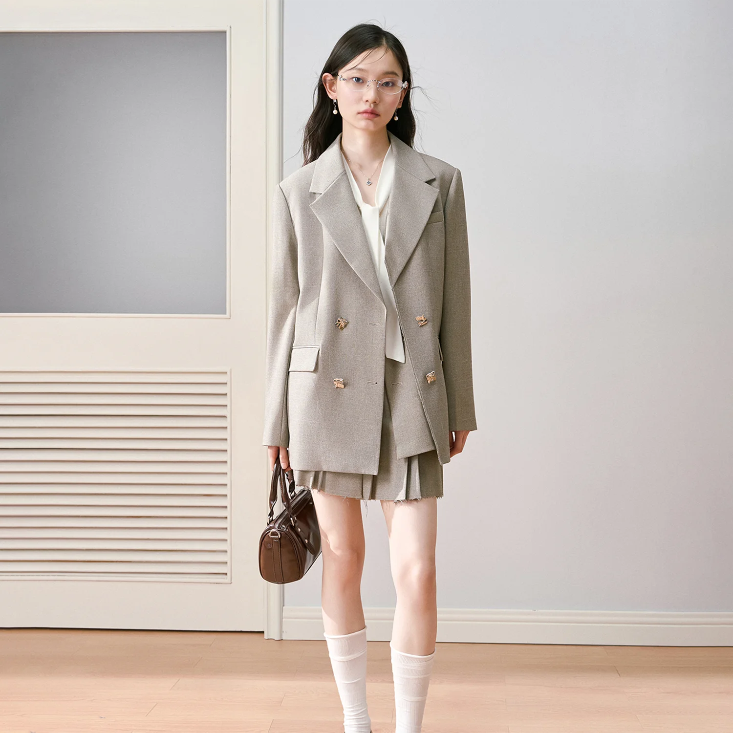 Allingentle Khaki Women's 2 Piece Set Double-Breasted Blazer Fashion Women Skirt Suit Set for Office Outfits Customize