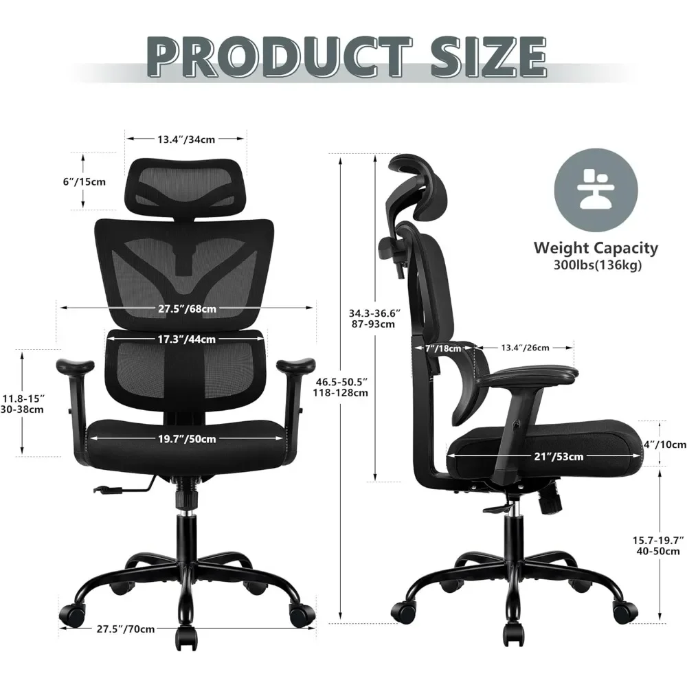 Office Chair with Adjustable Lumbar Support& Armrests, High Back Ergonomic Desk Swivel Chairs with Breathable Mesh, Office Chair