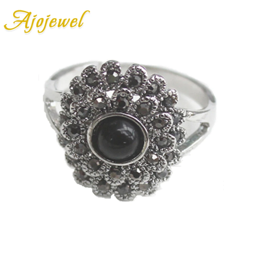 Ajojewel Size 6-9 Black Vintage Ring Rhinestone Sunflower Women\'s Rings Red Black Green Colors High Quality Finger Jewelry