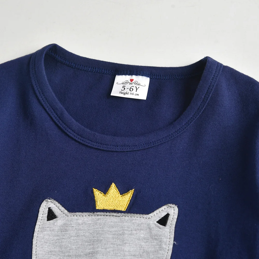 VIKITA Girls Cat Cartoon Print T Shirts Kids Navy O Neck Autumn Spring Cotton Casual Daily Long Sleeve Tops Tees Kids Clothing