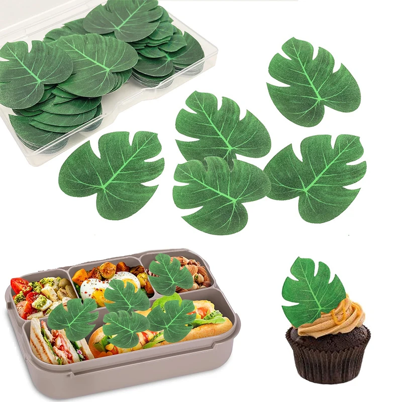 Papel de oblea de 48 piezas, hojas de tortuga Tropical, plato Bento para cupcakes, hojas de palma, decoración de Bento, fiesta de cumpleaños de jungla hawaiana C