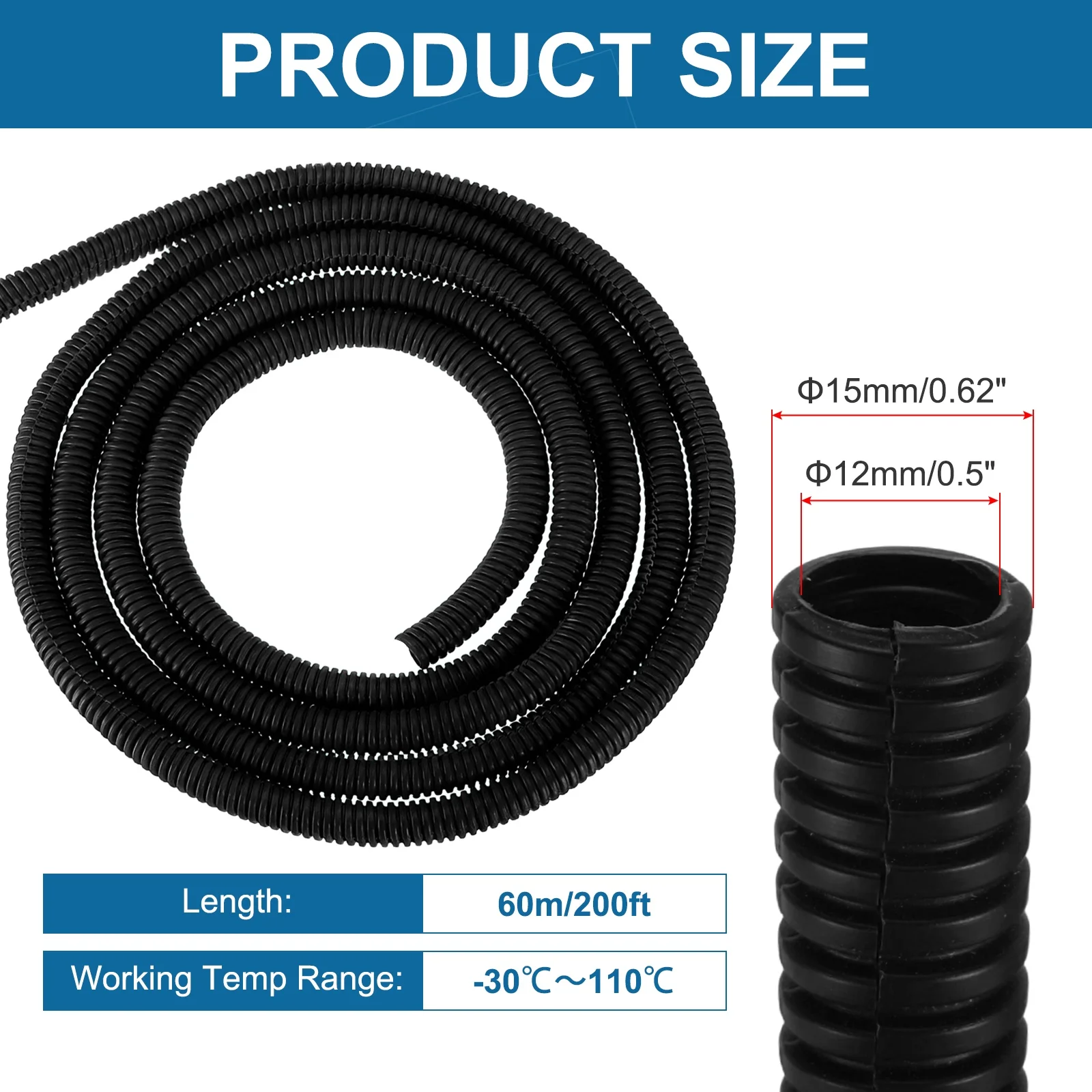 1/2Inch 200ft Split Wire Loom Tubing Flexible Cord Protector with Installation Tool Cable Management Sleeve Conduits Cover Black