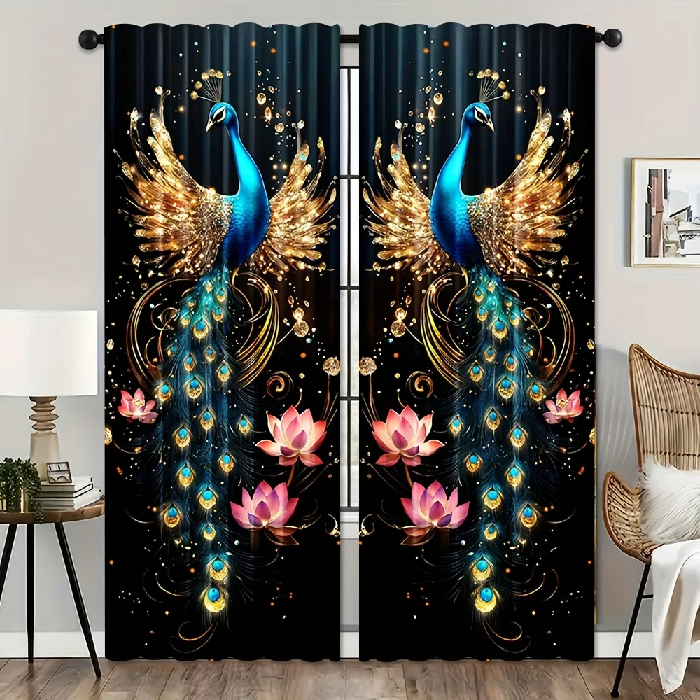 2pcs Blue Peacock Curtains Gold Feathers Lotus Flowers Printed Artistic Design Waterproof Window Drapes Elegant Home Decor