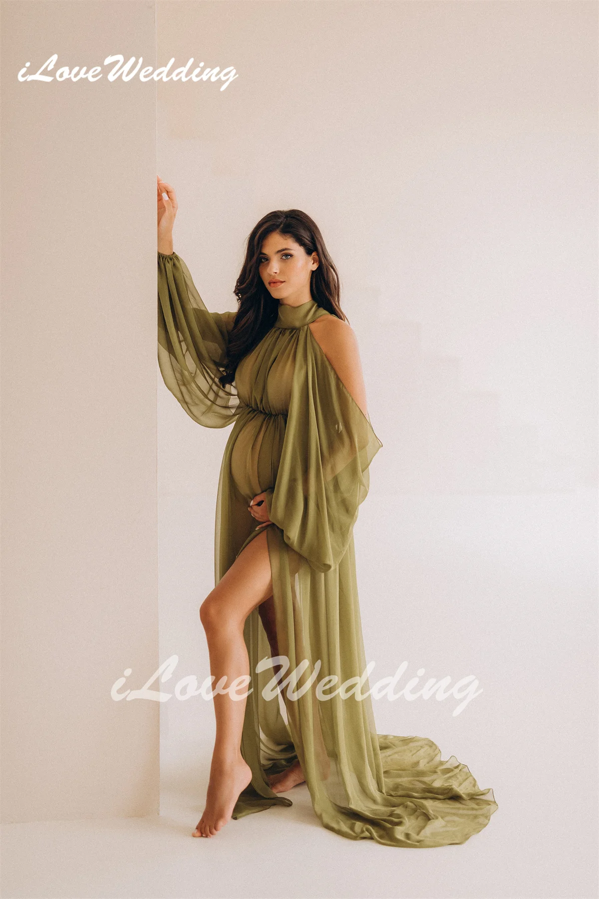 Elegant Chiffon Maternity Dresses Halter Neck Summer Casual Boho Long Loose Sleeves Photography Dress Side Slit Photoshoot Gowns