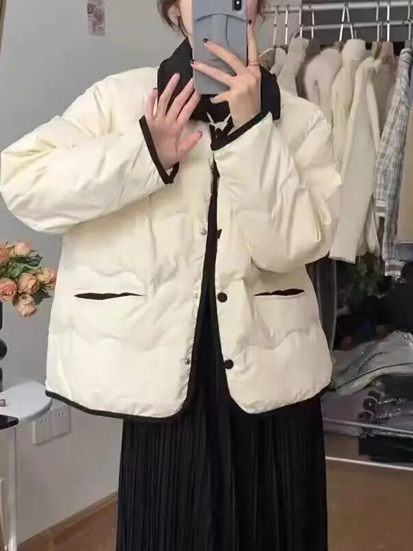 Women's ort Thiened Cotton Jaet 2025 Winter New Sle Korean Loose Fit Long Sve  Collar Single Button Closure