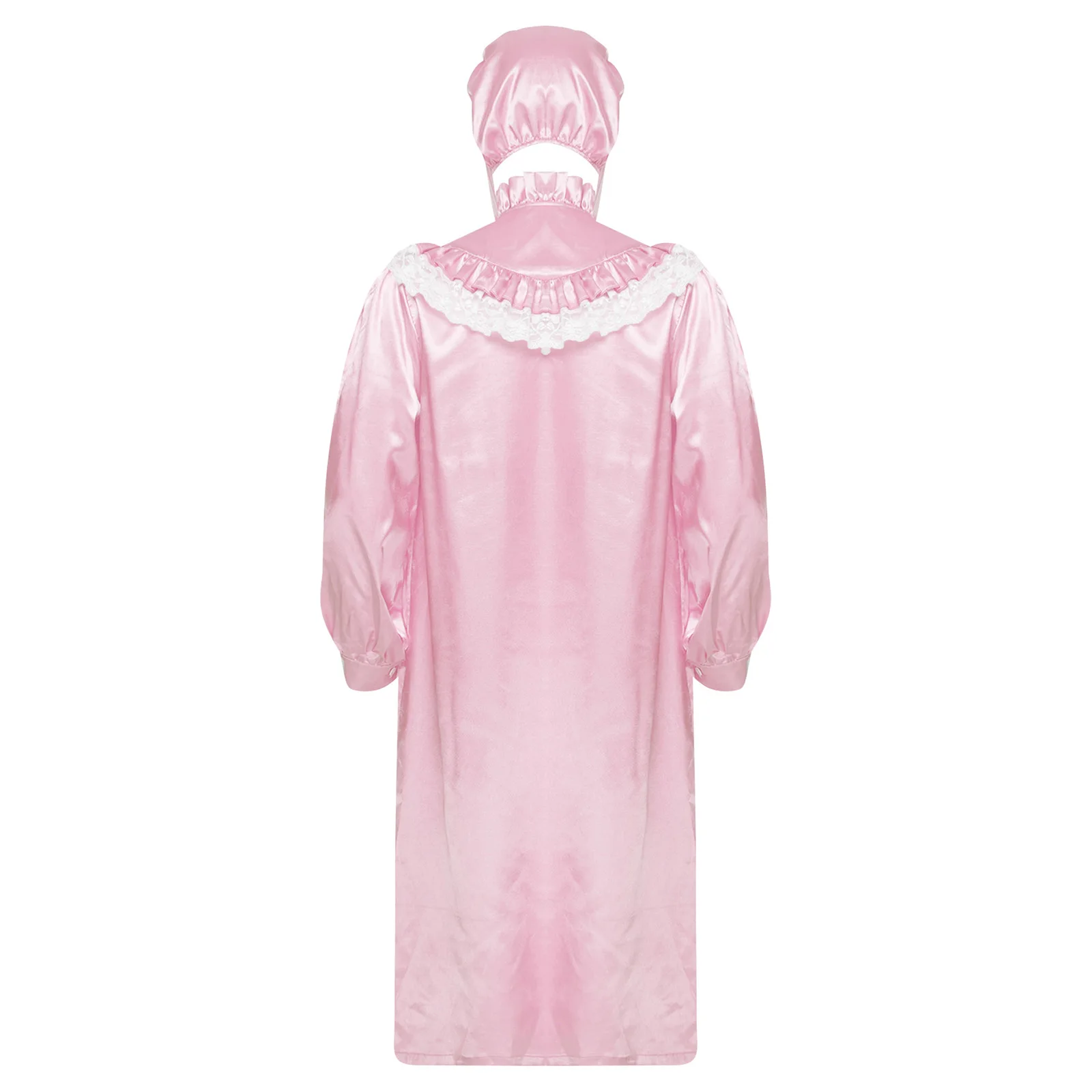 Mens Sissy Victorian Pajamas Nightgown with Hat Set Ruffled And Lace Trim Long Sleeve Front Zipper Satiny Sleep Dress Nightwear