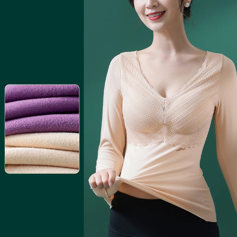 Autumn and Winter German Velvet Lace V-Neck Warm and Heat Free Long Sleeve Underwear with Chest Cushion Underlay