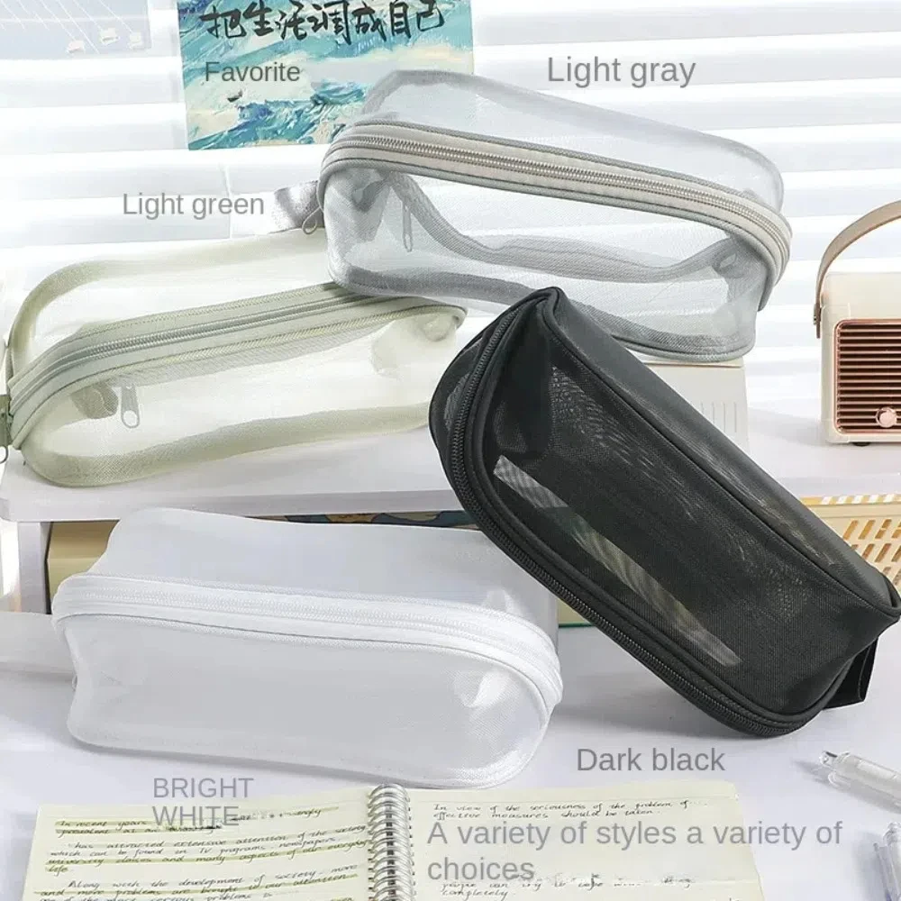 

Large Capacity Mesh Pencil Case Solid Color Cosmetics Storage Korean Pencil Bag Mesh Zipper Stationery Storage Bag