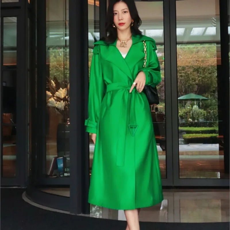 

Design temperament lapel classic light luxury loose green long trench coat